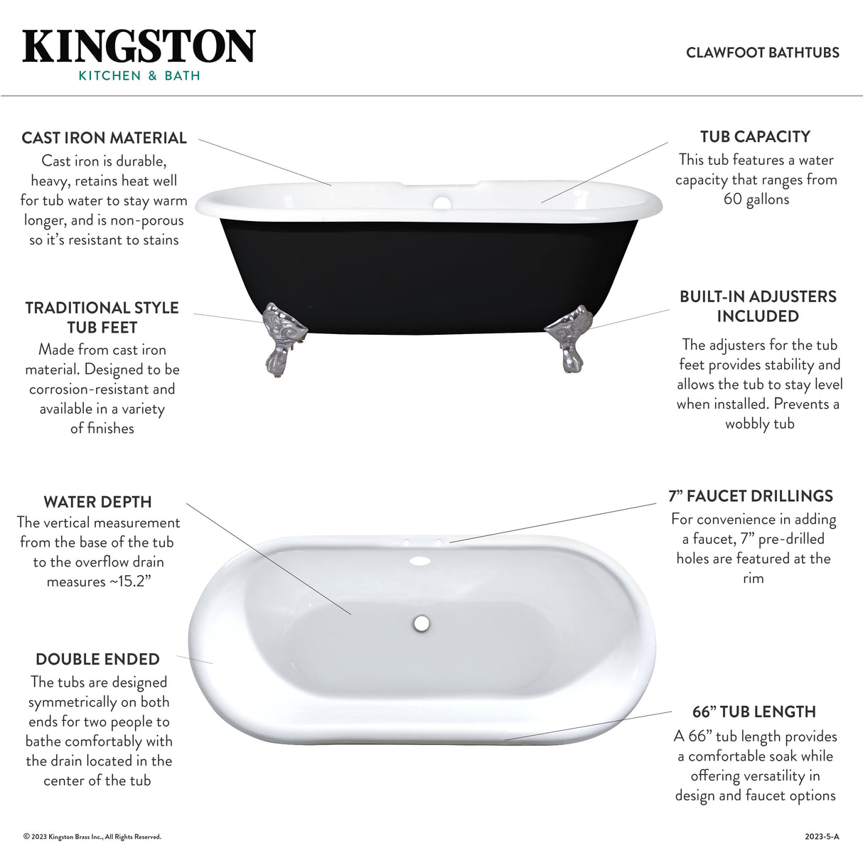 Aqua Eden VBT7D663013NB0 66-Inch Cast Iron Double Ended Clawfoot Tub with 7-Inch Faucet Drillings, Black/White/Matte Black