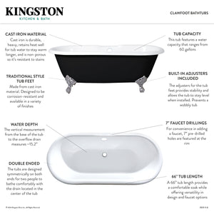 Aqua Eden VBT7D663013NB0 66-Inch Cast Iron Double Ended Clawfoot Tub with 7-Inch Faucet Drillings, Black/White/Matte Black