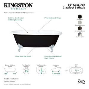 Aqua Eden VBT7D663013NB1 66-Inch Cast Iron Double Ended Clawfoot Tub with 7-Inch Faucet Drillings, Black/White/Polished Chrome