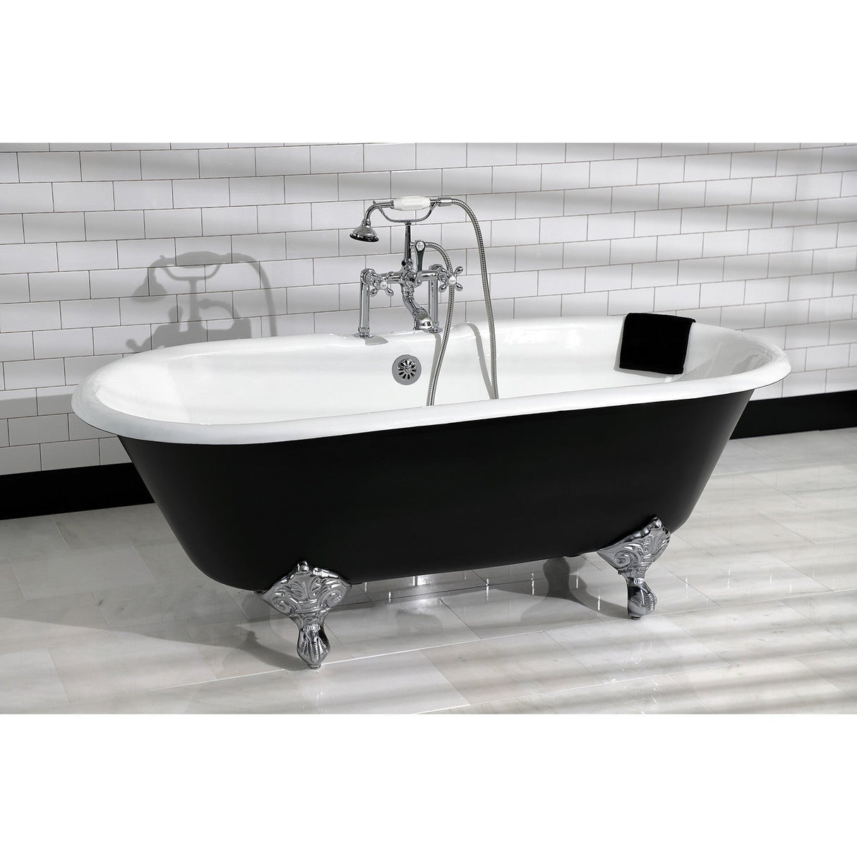 Aqua Eden VBT7D663013NB1 66-Inch Cast Iron Double Ended Clawfoot Tub with 7-Inch Faucet Drillings, Black/White/Polished Chrome
