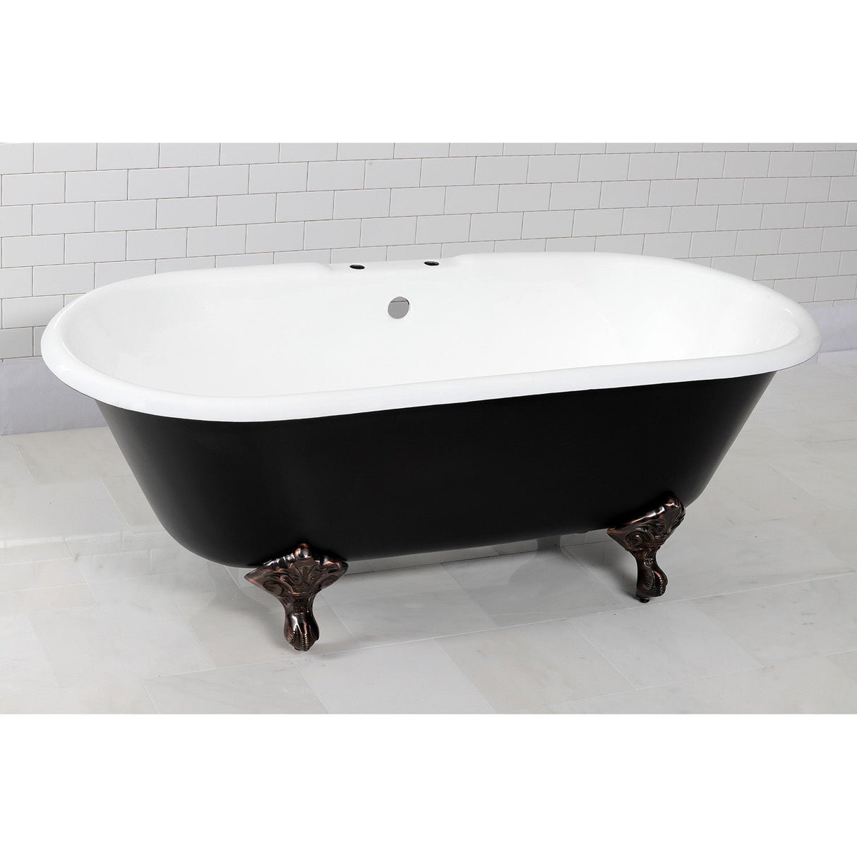Aqua Eden VBT7D663013NB5 66-Inch Cast Iron Double Ended Clawfoot Tub with 7-Inch Faucet Drillings, Black/White/Oil Rubbed Bronze