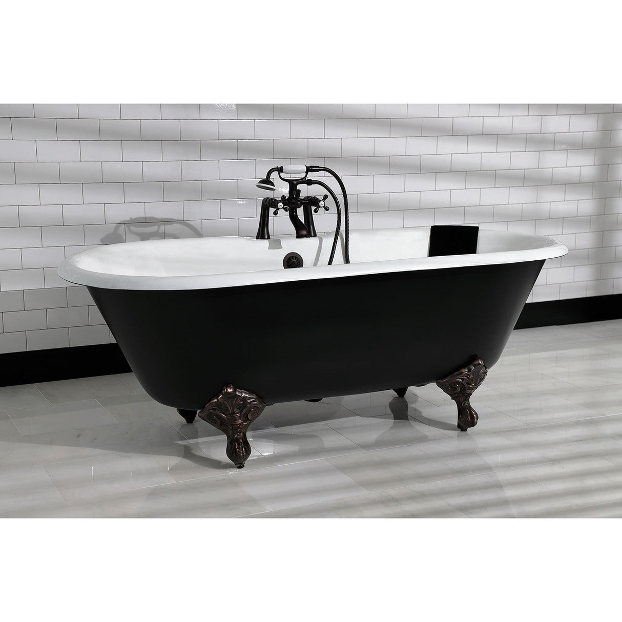 Aqua Eden VBT7D663013NB5 66-Inch Cast Iron Double Ended Clawfoot Tub with 7-Inch Faucet Drillings, Black/White/Oil Rubbed Bronze