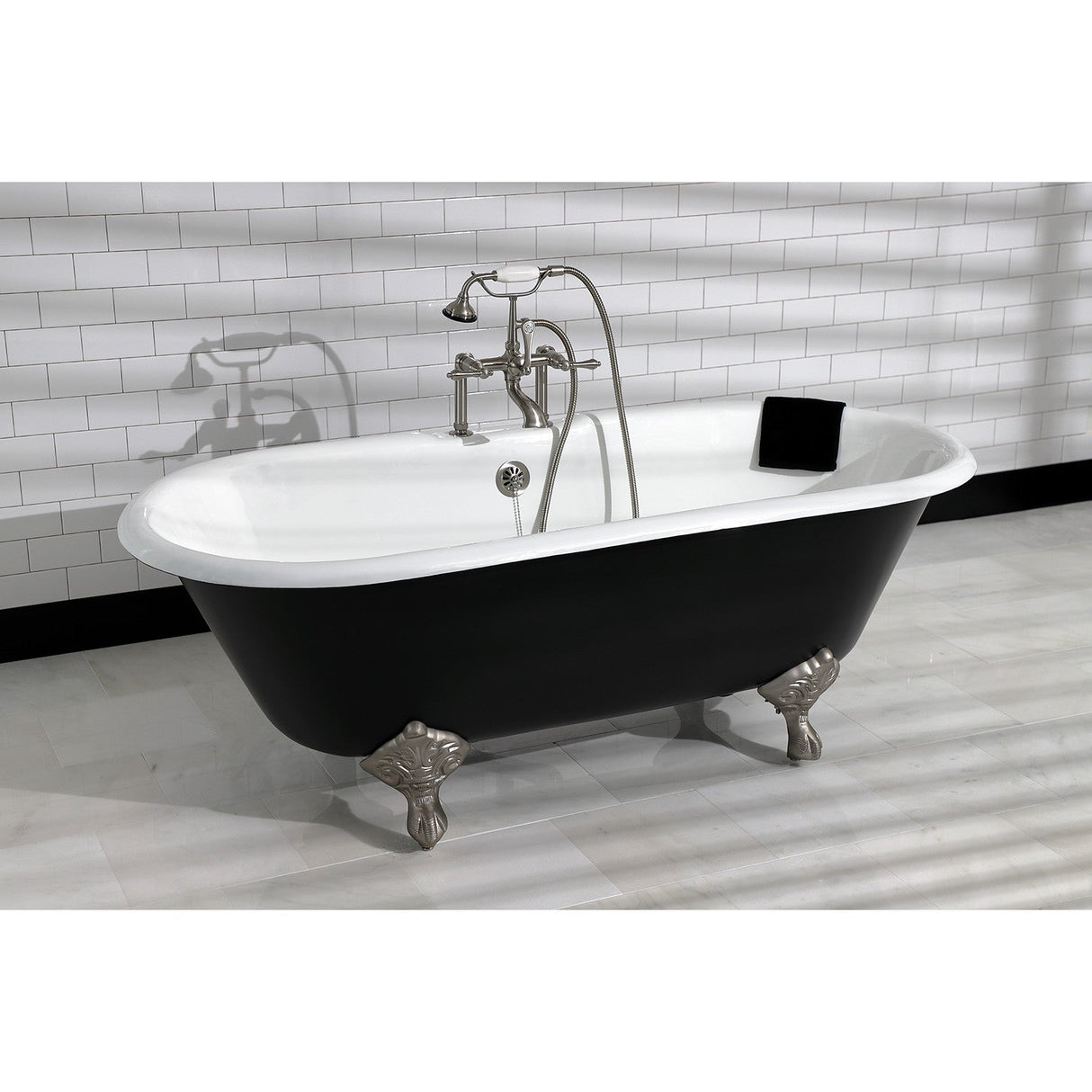 Aqua Eden VBT7D663013NB8 66-Inch Cast Iron Double Ended Clawfoot Tub with 7-Inch Faucet Drillings, Black/White/Brushed Nickel