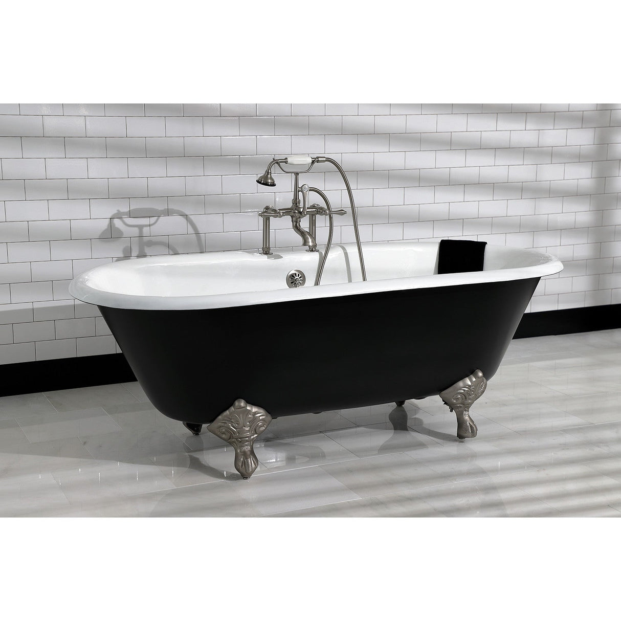Aqua Eden VBT7D663013NB8 66-Inch Cast Iron Double Ended Clawfoot Tub with 7-Inch Faucet Drillings, Black/White/Brushed Nickel