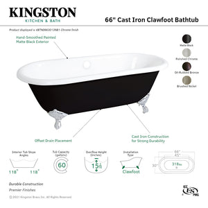 Aqua Eden VBTND663013NB1 66-Inch Cast Iron Double Ended Clawfoot Tub (No Faucet Drillings), Black/White/Polished Chrome