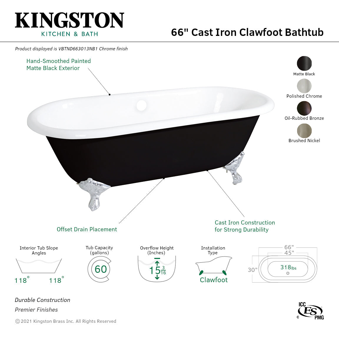 Aqua Eden VBTND663013NB5 66-Inch Cast Iron Double Ended Clawfoot Tub (No Faucet Drillings), Black/White/Oil Rubbed Bronze