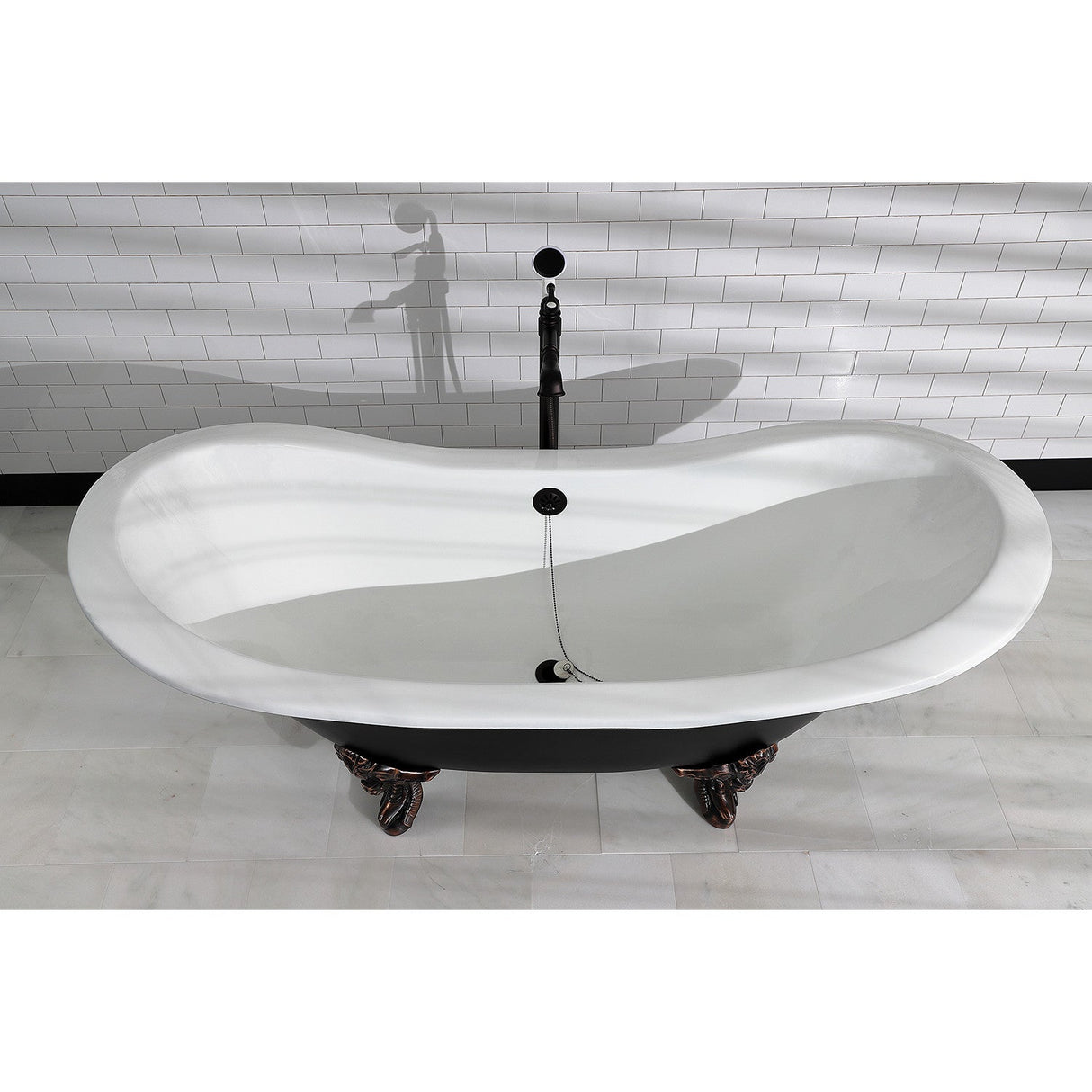 Aqua Eden VBTND7231NC5 72-Inch Cast Iron Double Slipper Clawfoot Tub (No Faucet Drillings), Black/White/Oil Rubbed Bronze