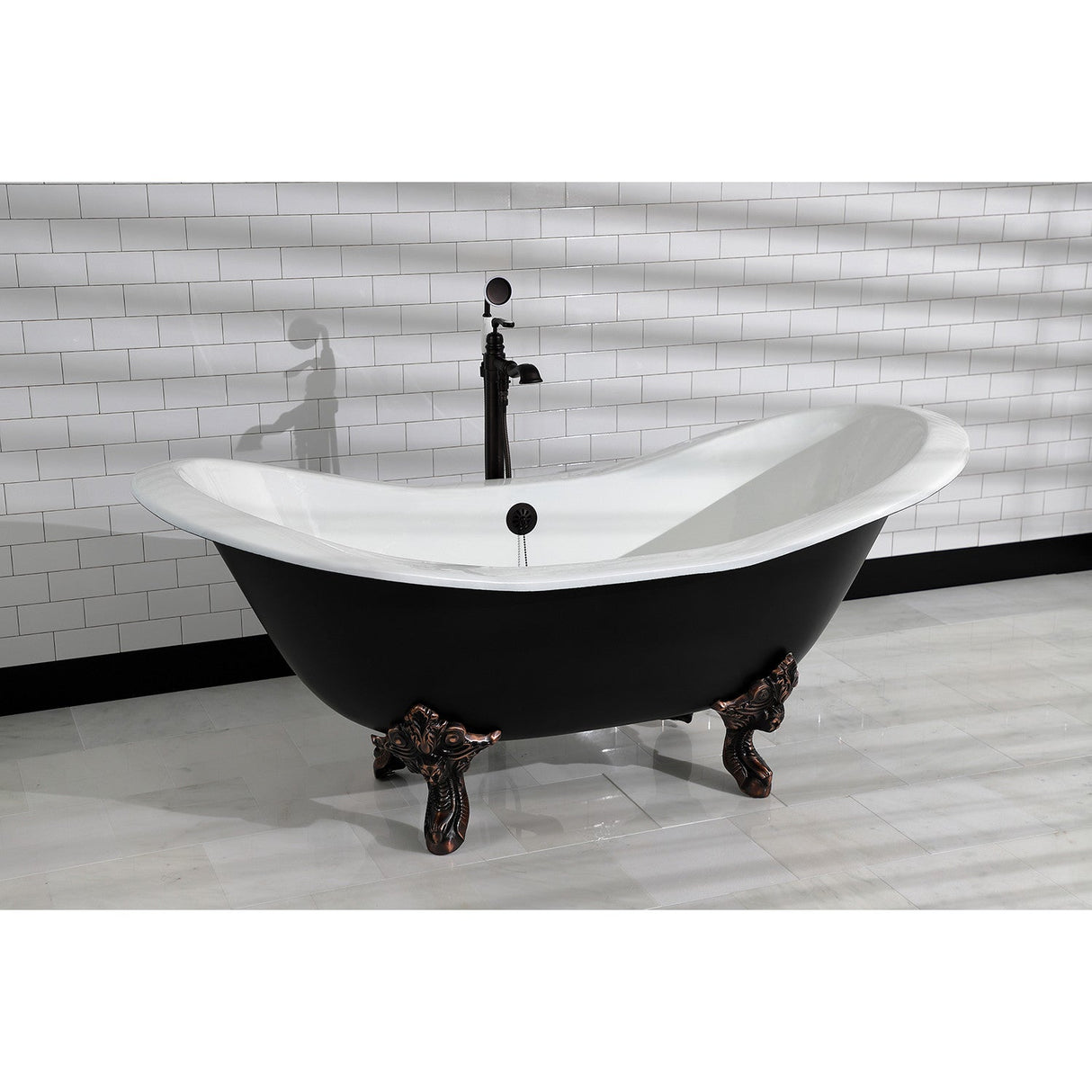 Aqua Eden VBTND7231NC5 72-Inch Cast Iron Double Slipper Clawfoot Tub (No Faucet Drillings), Black/White/Oil Rubbed Bronze