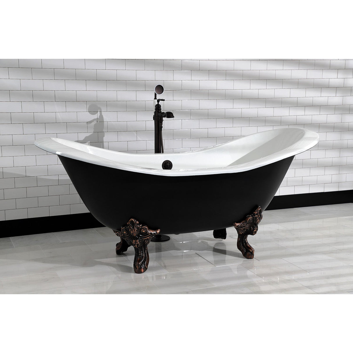 Aqua Eden VBTND7231NC5 72-Inch Cast Iron Double Slipper Clawfoot Tub (No Faucet Drillings), Black/White/Oil Rubbed Bronze