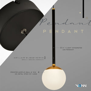 VONN Capri VCP2101BL 5" 1-Light Integrated LED ETL Certified Height Adjustable Pendant, with Glass Shade, Black