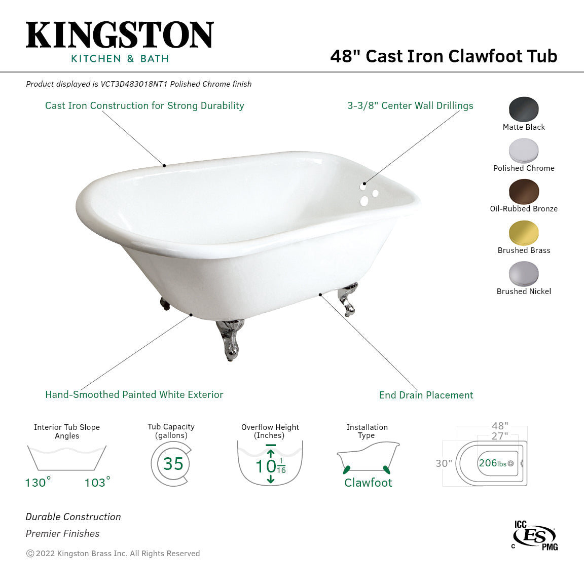 Aqua Eden VCT3D483018NT0 48-Inch Cast Iron Roll Top Clawfoot Tub with 3-3/8 Inch Wall Drillings, White/Matte Black