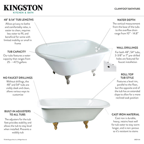 Aqua Eden VCT3D543019NT7 54-Inch Cast Iron Roll Top Clawfoot Tub with 3-3/8 Inch Wall Drillings, White/Brushed Brass