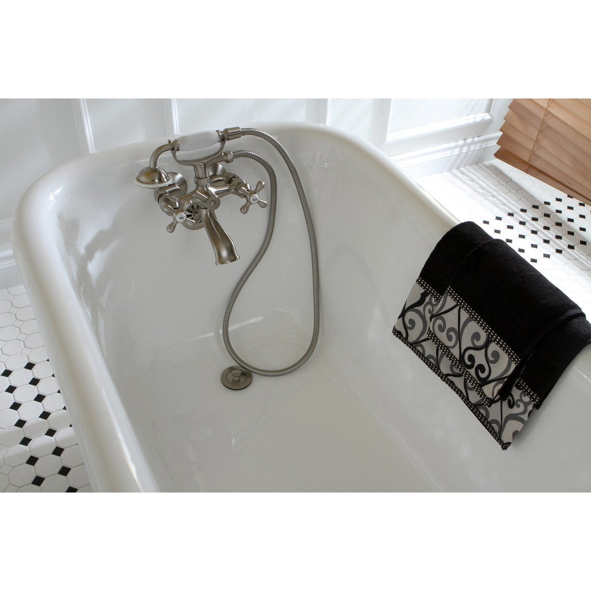 Aqua Eden VCT3D543019NT8 54-Inch Cast Iron Roll Top Clawfoot Tub with 3-3/8 Inch Wall Drillings, White/Brushed Nickel