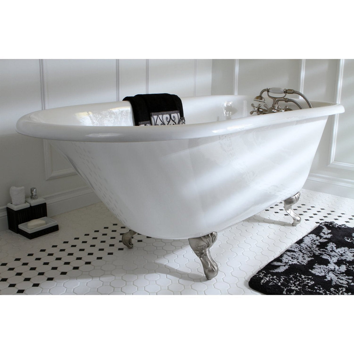 Aqua Eden VCT3D543019NT8 54-Inch Cast Iron Roll Top Clawfoot Tub with 3-3/8 Inch Wall Drillings, White/Brushed Nickel