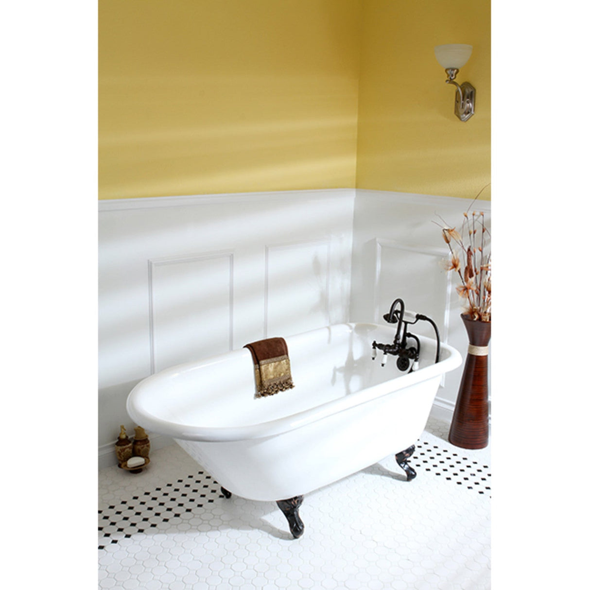 Aqua Eden VCT3D603019NT5 60-Inch Cast Iron Roll Top Clawfoot Tub with 3-3/8 Inch Wall Drillings, White/Oil Rubbed Bronze