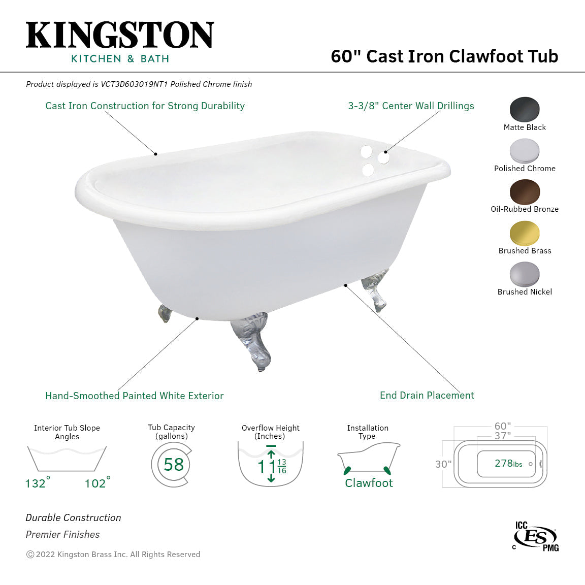 Aqua Eden VCT3D603019NT8 60-Inch Cast Iron Roll Top Clawfoot Tub with 3-3/8 Inch Wall Drillings, White/Brushed Nickel