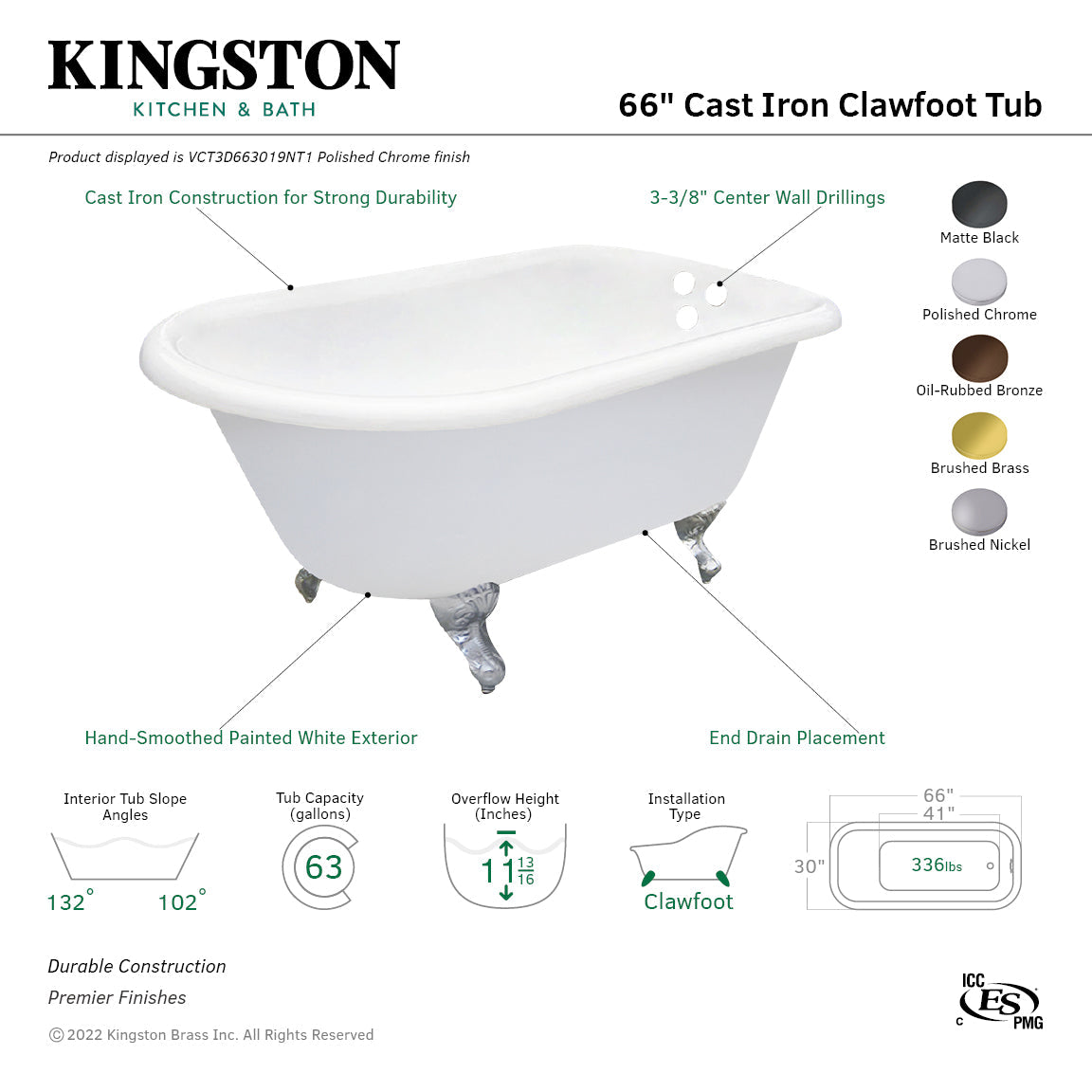 Aqua Eden VCT3D663019NT7 66-Inch Cast Iron Roll Top Clawfoot Tub with 3-3/8 Inch Wall Drillings, White/Brushed Brass