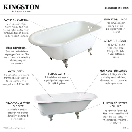 Aqua Eden VCT3D663019NT7 66-Inch Cast Iron Roll Top Clawfoot Tub with 3-3/8 Inch Wall Drillings, White/Brushed Brass