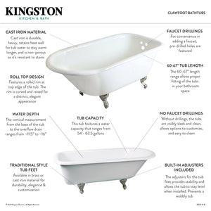 Aqua Eden VCT3D663019NT8 66-Inch Cast Iron Roll Top Clawfoot Tub with 3-3/8 Inch Wall Drillings, White/Brushed Nickel