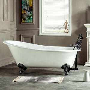 Tazatina VCT7D5431B0 54-Inch Cast Iron Single Slipper Clawfoot Tub with 7-Inch Faucet Drillings, White/Matte Black