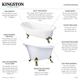 Tazatina VCT7D5431B2 54-Inch Cast Iron Single Slipper Clawfoot Tub with 7-Inch Faucet Drillings, White/Polished Brass