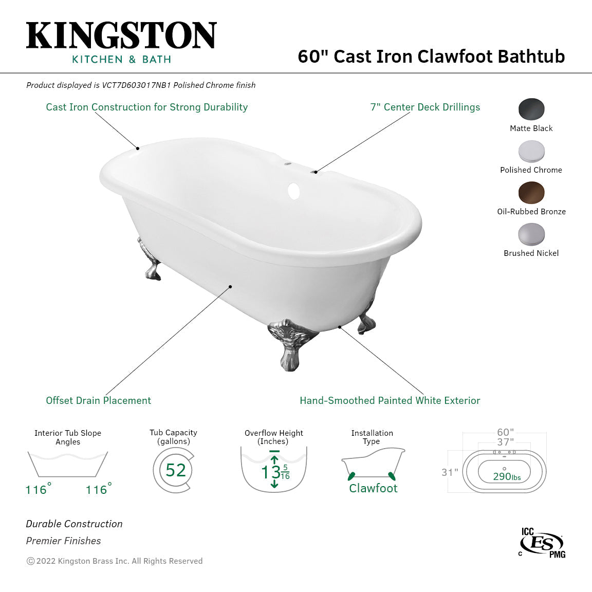 Aqua Eden VCT7D603017NB1 60-Inch Cast Iron Double Ended Clawfoot Tub with 7-Inch Faucet Drillings, White/Polished Chrome