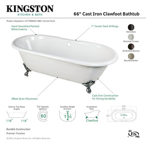 Aqua Eden VCT7D663013NB5 66-Inch Cast Iron Double Ended Clawfoot Tub with 7-Inch Faucet Drillings, White/Oil Rubbed Bronze