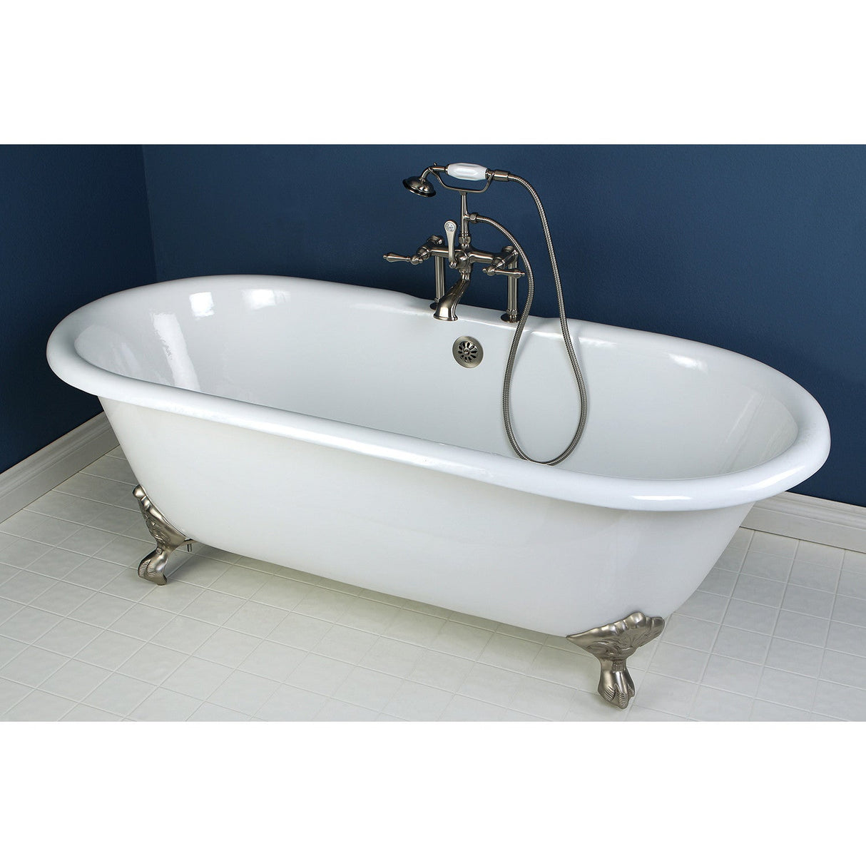 Aqua Eden VCT7D663013NB8 66-Inch Cast Iron Double Ended Clawfoot Tub with 7-Inch Faucet Drillings, White/Brushed Nickel