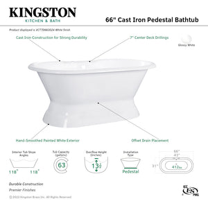 Aqua Eden VCT7D663024 66-Inch Cast Iron Double Ended Pedestal Tub with 7-Inch Faucet Drillings, White