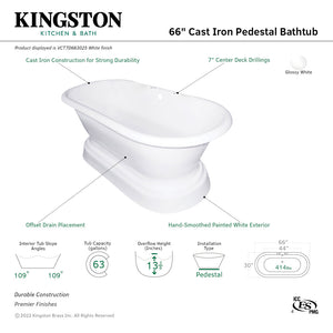 Aqua Eden VCT7D663025 66-Inch Cast Iron Double Ended Pedestal Tub with 7-Inch Faucet Drillings, White