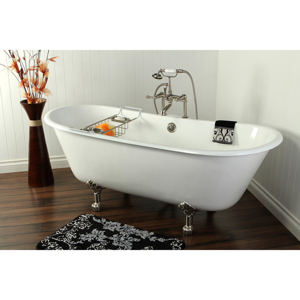 Aqua Eden VCT7D6728NH8 67-Inch Cast Iron Double Slipper Clawfoot Tub with 7-Inch Faucet Drillings, White/Brushed Nickel