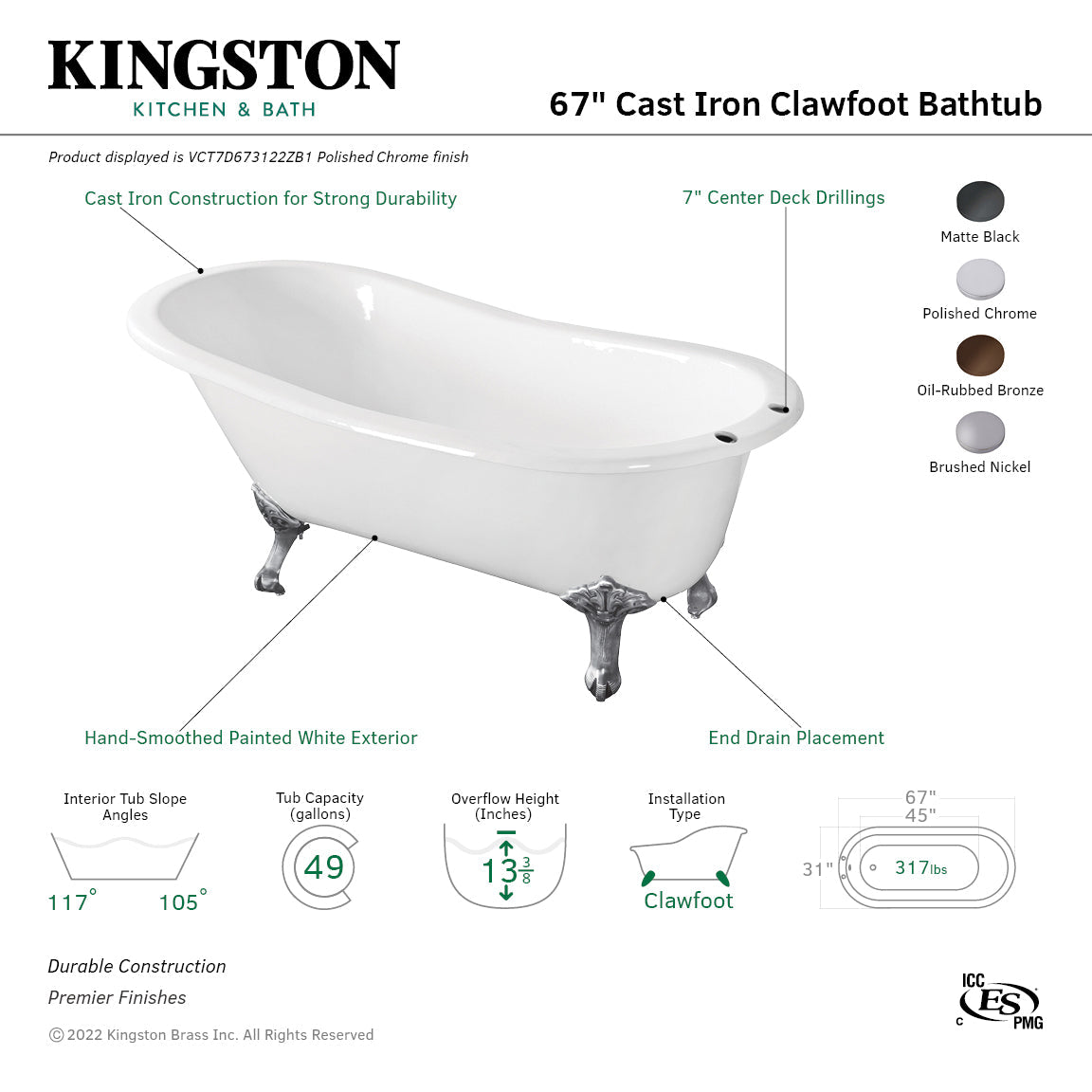 Aqua Eden VCT7D673122ZB1 67-Inch Cast Iron Single Slipper Clawfoot Tub with 7-Inch Faucet Drillings, White/Polished Chrome