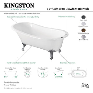Aqua Eden VCT7D673122ZB8 67-Inch Cast Iron Single Slipper Clawfoot Tub with 7-Inch Faucet Drillings, White/Brushed Nickel