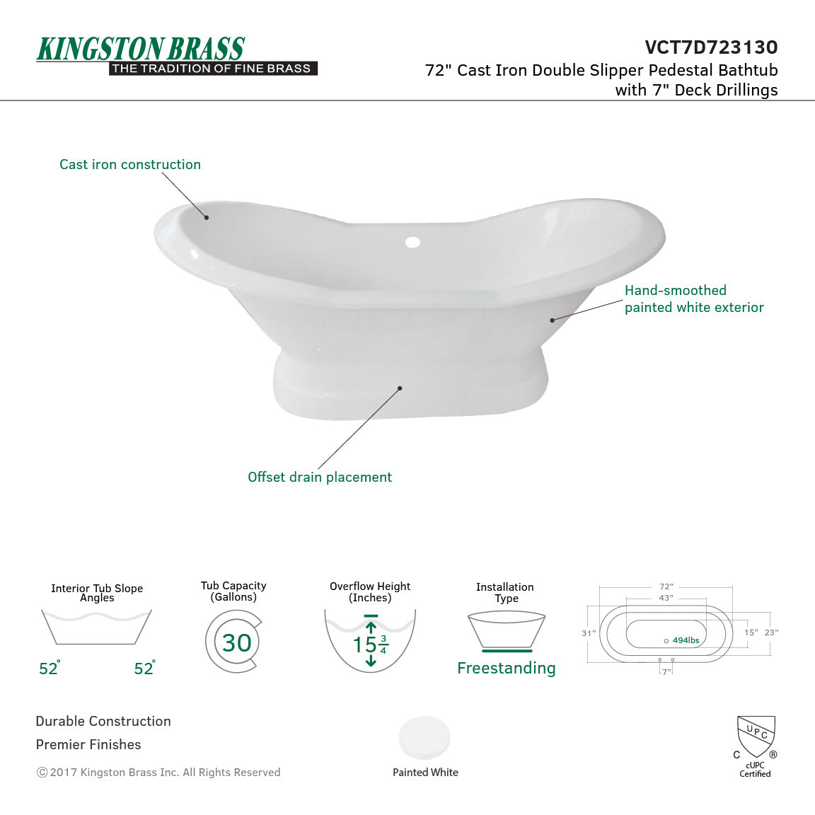 Aqua Eden VCT7D723130 72-Inch Cast Iron Double Slipper Pedestal Tub with 7-Inch Faucet Drillings, White