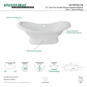 Aqua Eden VCT7D723130 72-Inch Cast Iron Double Slipper Pedestal Tub with 7-Inch Faucet Drillings, White
