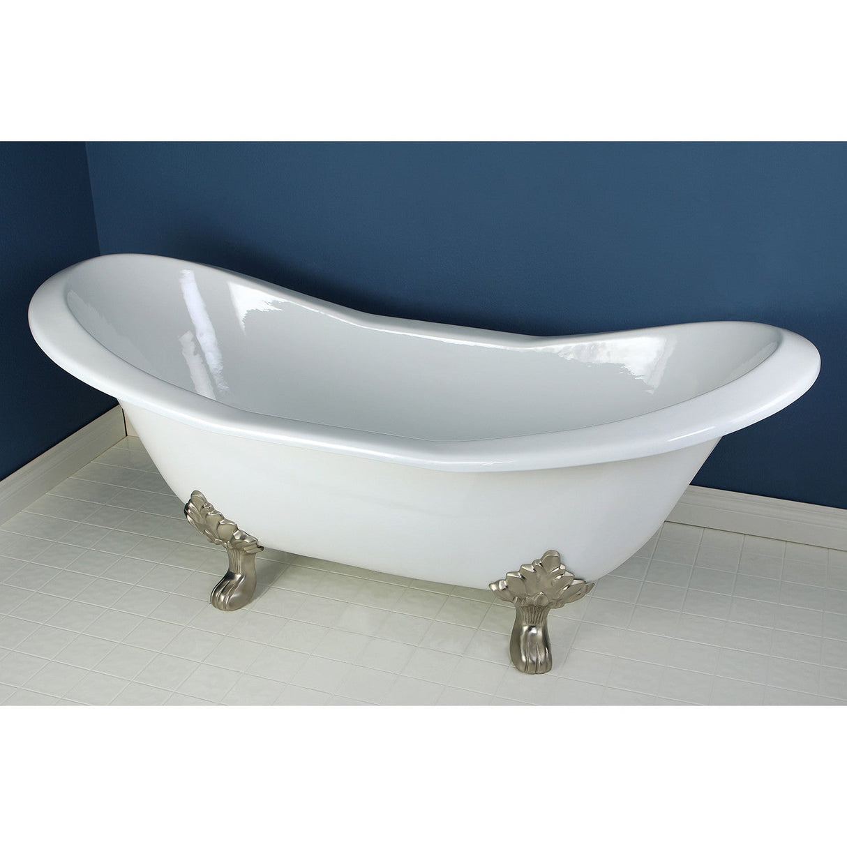 Aqua Eden VCT7D7231NC8 72-Inch Cast Iron Double Slipper Clawfoot Tub with 7-Inch Faucet Drillings, White/Brushed Nickel