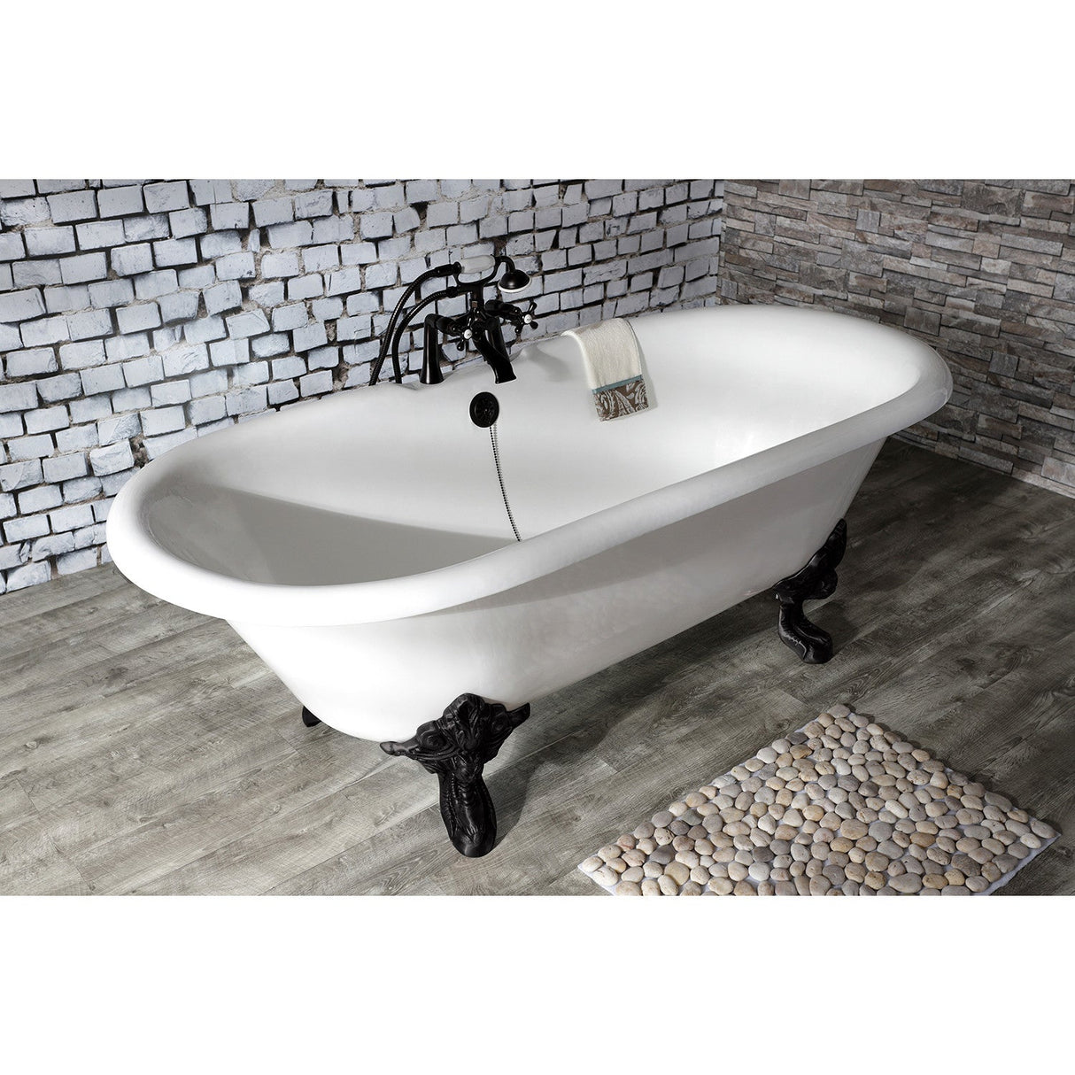 Aqua Eden VCT7DE7232NL0 72-Inch Cast Iron Double Ended Clawfoot Tub with 7-Inch Faucet Drillings, White/Matte Black