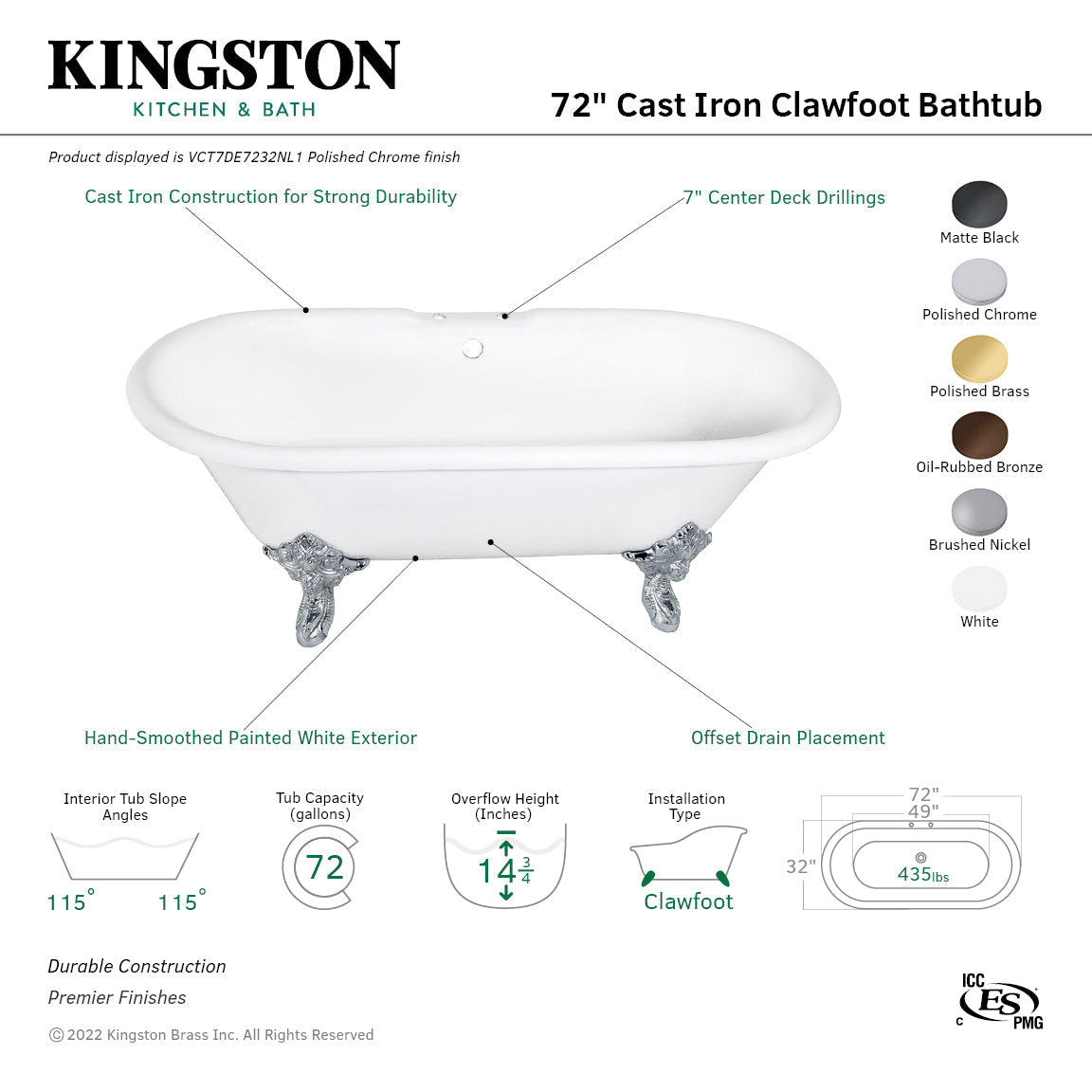 Aqua Eden VCT7DE7232NL5 72-Inch Cast Iron Double Ended Clawfoot Tub with 7-Inch Faucet Drillings, White/Oil Rubbed Bronze