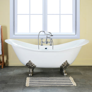 Aqua Eden VCT7DS6130NC1 61-Inch Cast Iron Double Slipper Clawfoot Tub with 7-Inch Faucet Drillings, White/Polished Chrome