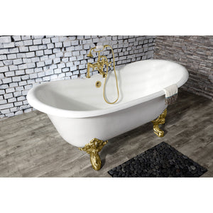 Aqua Eden VCT7DS6731NL2 67-Inch Cast Iron Double Slipper Clawfoot Tub with 7-Inch Faucet Drillings, White/Polished Brass
