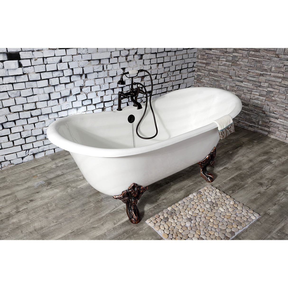 Aqua Eden VCT7DS6731NL5 67-Inch Cast Iron Double Slipper Clawfoot Tub with 7-Inch Faucet Drillings, White/Oil Rubbed Bronze