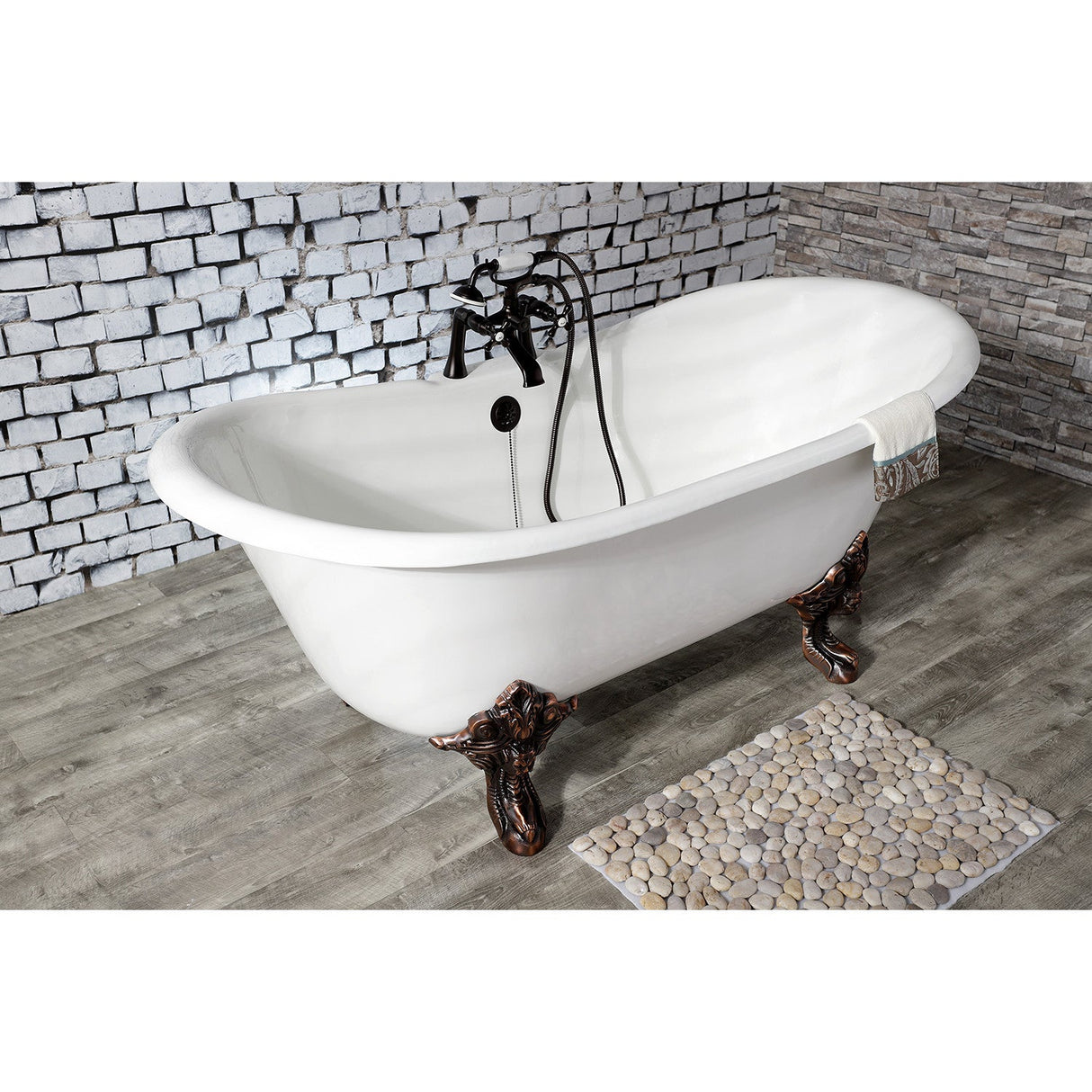 Aqua Eden VCT7DS6731NL5 67-Inch Cast Iron Double Slipper Clawfoot Tub with 7-Inch Faucet Drillings, White/Oil Rubbed Bronze