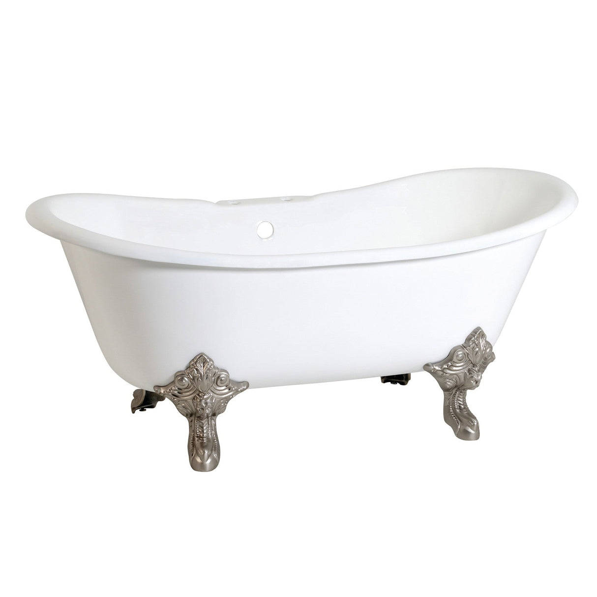 Aqua Eden VCT7DS6731NL8 67-Inch Cast Iron Double Slipper Clawfoot Tub with 7-Inch Faucet Drillings, White/Brushed Nickel