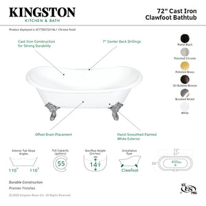 Aqua Eden VCT7DS7231NL2 72-Inch Cast Iron Double Slipper Clawfoot Tub with 7-Inch Faucet Drillings, White/Polished Brass