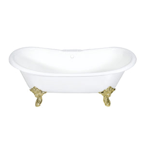 Aqua Eden VCT7DS7231NL2 72-Inch Cast Iron Double Slipper Clawfoot Tub with 7-Inch Faucet Drillings, White/Polished Brass