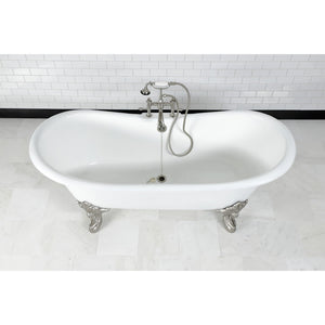 Aqua Eden VCT7DS7231NL8 72-Inch Cast Iron Double Slipper Clawfoot Tub with 7-Inch Faucet Drillings, White/Brushed Nickel