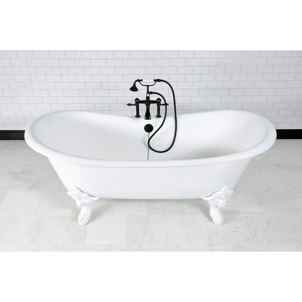 Aqua Eden VCT7DS7231NLW 72-Inch Cast Iron Double Slipper Clawfoot Tub with 7-Inch Faucet Drillings, White