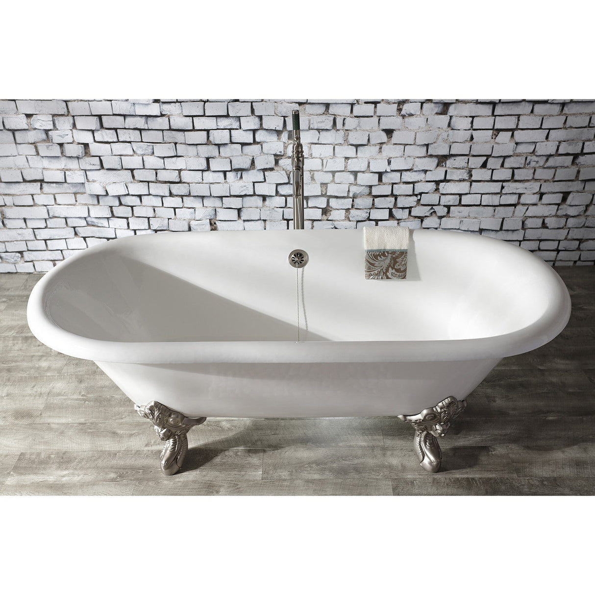 Aqua Eden VCTDE7232NL8 72-Inch Cast Iron Double Ended Clawfoot Tub (No Faucet Drillings), White/Brushed Nickel