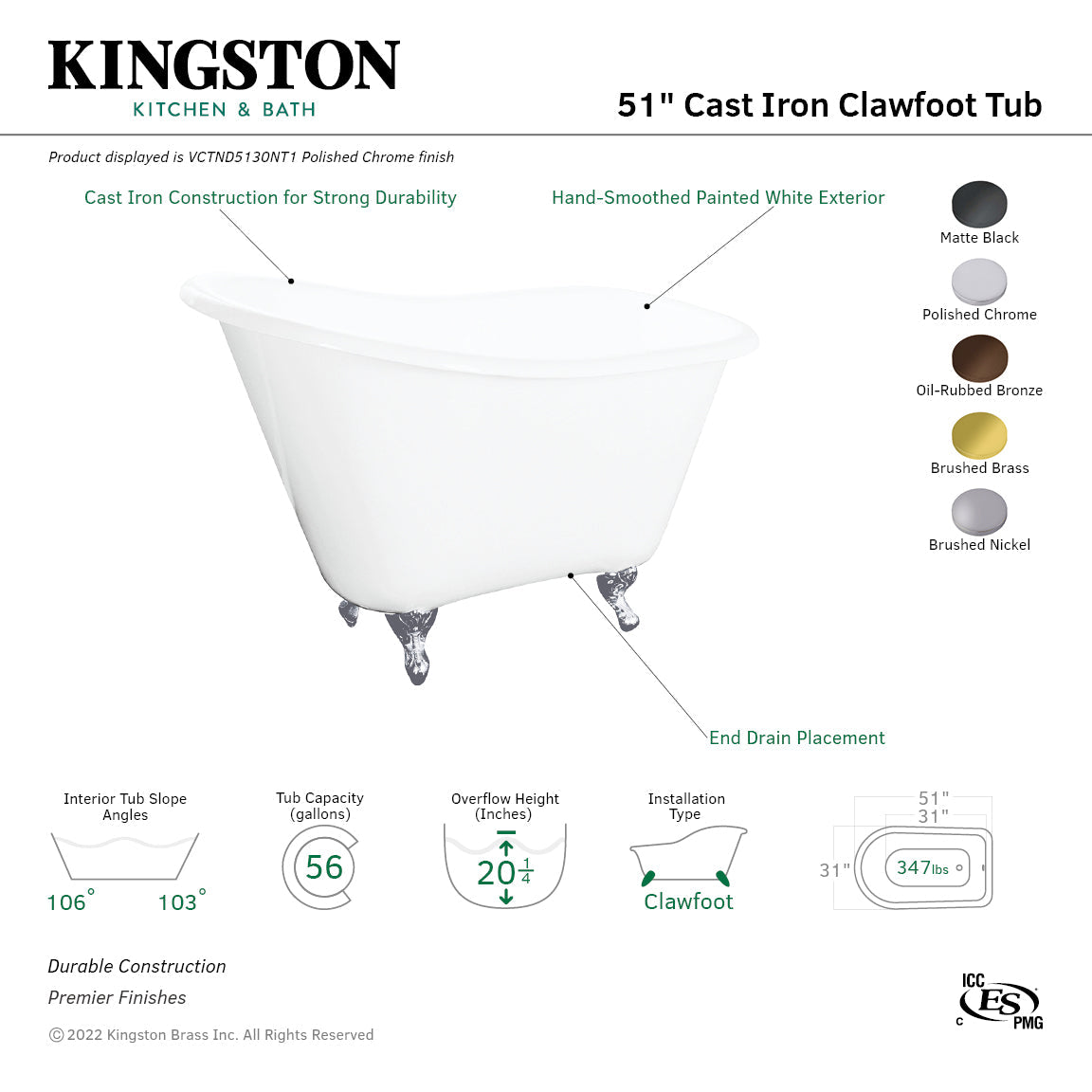 Tazatina VCTND5130NT0 51-Inch Cast Iron Single Slipper Clawfoot Tub (No Faucet Drillings), White/Matte Black