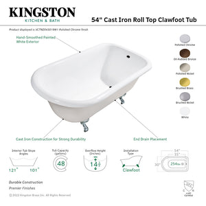 Aqua Eden VCTND543019W6 54-Inch Cast Iron Roll Top Clawfoot Tub (No Faucet Drillings), White/Polished Nickel